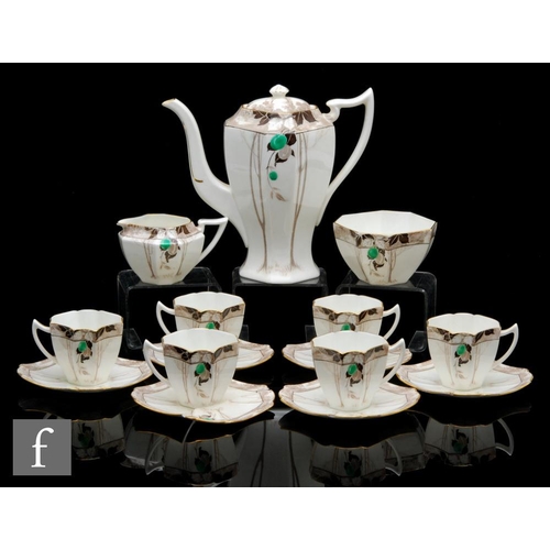 429 - Shelley - A 1930s Art Deco Queen Anne shape coffee set decorated in the 11625 Damsons pattern compri... 