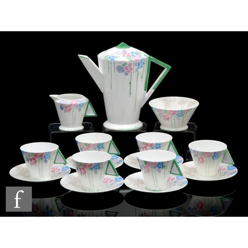 431 - Shelley - A 1930s Art Deco Mode shaped coffee set decorated in pattern 11780 comprising coffee pot, ... 