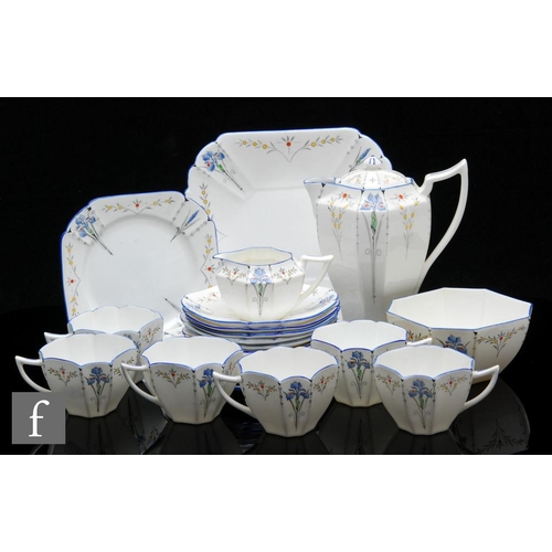 433 - Shelley - A 1930s Art Deco Queen Anne coffee set comprising coffee pot, six cups, saucers, side plat... 