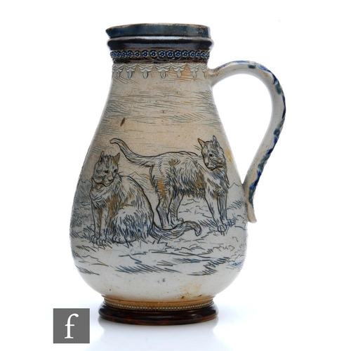 83 - Hannah Barlow - Doulton Lambeth - A late 19th Century stoneware jug decorated to the body with four ... 