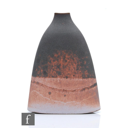 1204 - Emily Myers - A later 20th Century studio pottery vase of compressed form decorated with a tonal mat... 