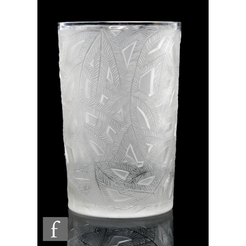 434 - Rene Lalique - An Art Deco cylinder vase in the Epicea No. 921 from 1923 pattern with moulded leaves... 