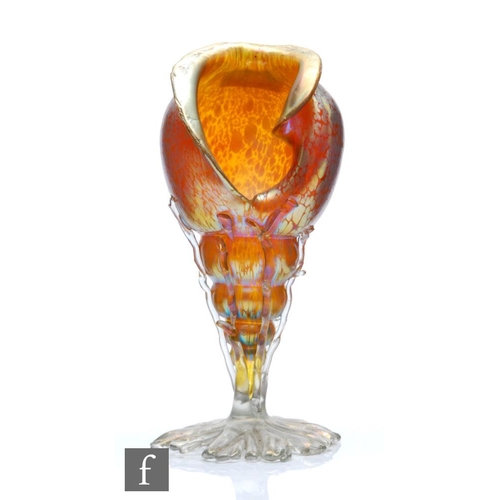 30 - Loetz - An early 20th Century glass vase formed as a conch shell in the Creta Papillon pattern with ... 