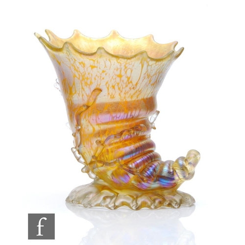 32 - Loetz - An early 20th Century glass posy vase formed as a sea shell in the Creta Papillon pattern wi... 