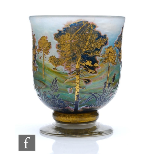 1223 - Jonathan Harris - A contemporary cameo glass vase of chalice form cased in gold leaf and blue over t... 