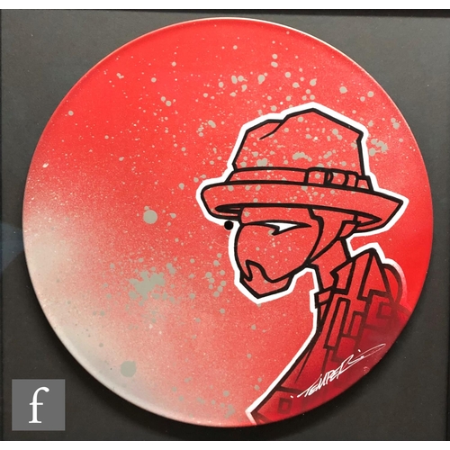 1207 - Aaron Bird aka Temper - Single figure wearing a hat, spray paint and inks on a vinyl record, signed,... 