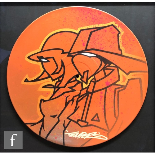 1208 - Aaron Bird aka Temper - Two figures wearing hats, spray paint and inks on a vinyl record, signed, fr... 