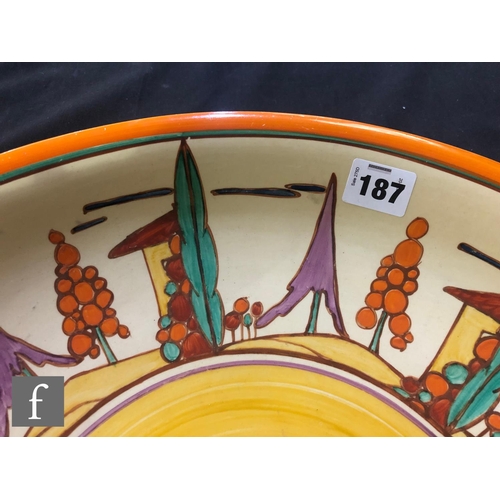 187 - Clarice Cliff - Trees & House (Pastel/Seven Colour) - A large dish form charger circa 1930, radi... 