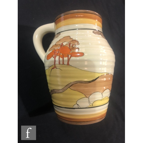 270 - Clarice Cliff - Coral Firs - A small size single handled lotus jug circa 1933, hand painted with a s... 