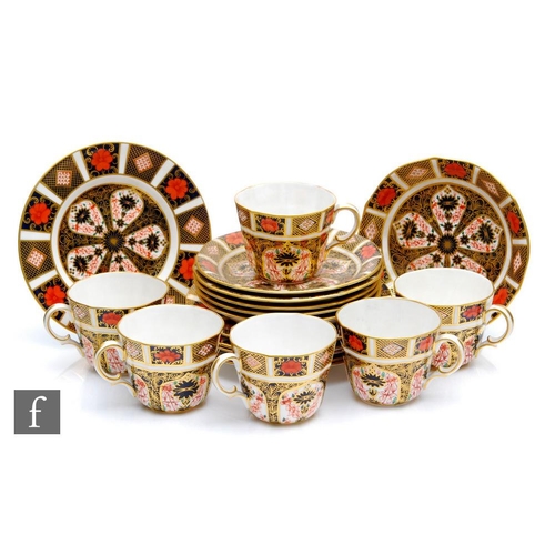 80 - A set of six Royal Crown Derby Imari pattern 1128 trios, all with printed marks, side plate diameter... 