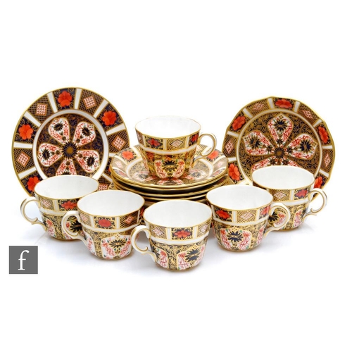 81 - A set of six Royal Crown Derby Imari pattern 1128 trios, all with printed marks, side plate diameter... 