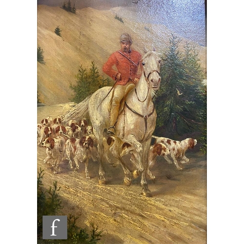 460 - ITALIAN SCHOOL (EARLY 20TH CENTURY) - Huntsman and hounds on a country road, oil on board, carved Fl... 