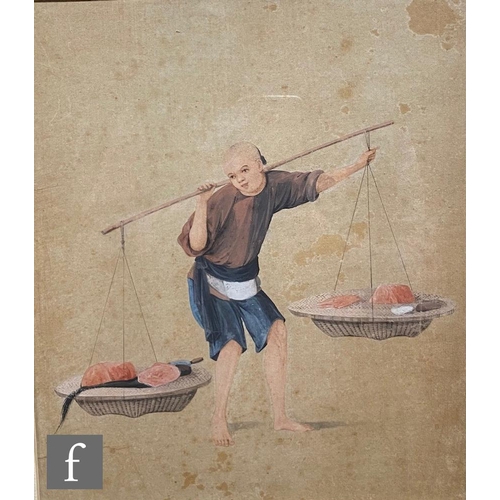 464 - CHINESE SCHOOL (LATE 19TH CENTURY) - A fish seller, gouache on buff paper, framed, 29cm x 25cm, fram... 