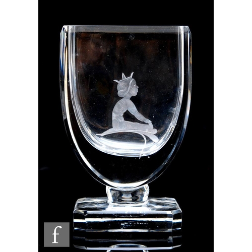 190 - A 1930s Art Deco Swedish crystal glass vase by Kosta, the rectangular body falling to a hemispherica... 