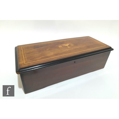 1081 - A musical box playing six airs, serial number 2246, lacking tune card, inlaid rosewood case width 49... 