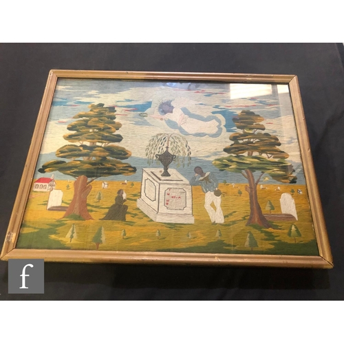 629 - A 19th Century folk art woolwork memorial panel worked with a graveyard scene depicting a sailor sto... 