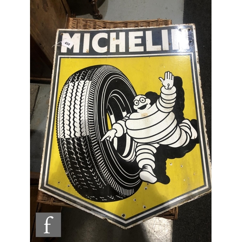 632 - A large double sided enamel pictorial advertising sign for Michelin with white lettering on blue wit... 