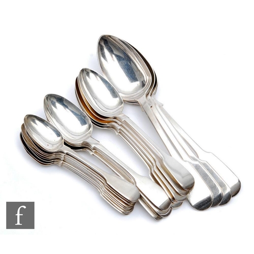 124 - A parcel lot of Georgian and later fiddle patter flatware, four table spoons, nine dessert spoons an... 