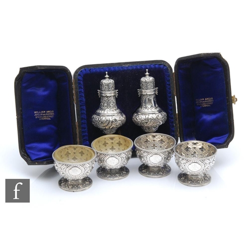 131 - A cased pair of hallmarked silver peppers, with a set of four open salts, total weight 11.5oz, Birmi... 