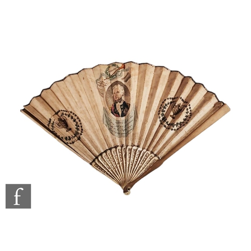 150 - An early 19th Century George III sixteen-stick paper and bone fan decorated in polychrome with a por... 