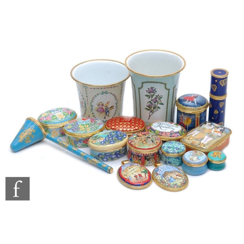 163 - A collection of Halcyon Days enamels comprising two enamelled beakers, one decorated with drawings f... 