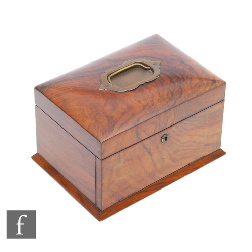 172 - An early 20th Century walnut fall front jewellery box with brass handle to hinged lid opening to gre... 