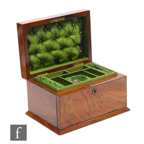 172 - An early 20th Century walnut fall front jewellery box with brass handle to hinged lid opening to gre... 