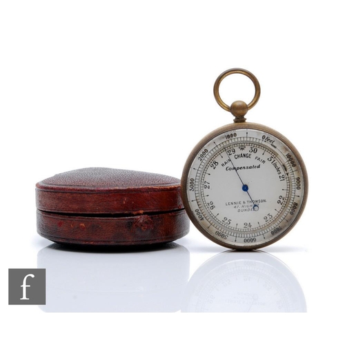 198 - A late 19th Century cased pocket barometer with silvered dial and gilt metal case, Lennie & Thom... 