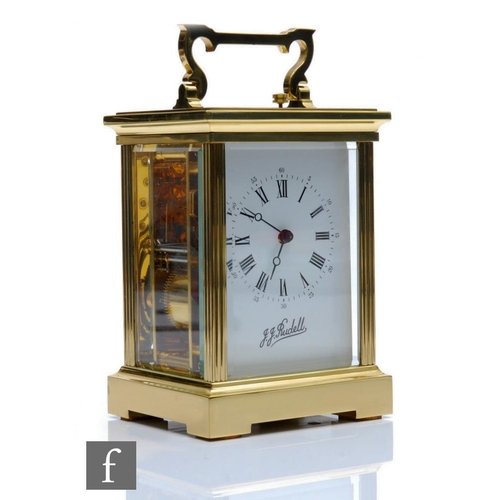 201 - A 20th Century French brass repeater carriage clock, push button, in contemporary style case, white ... 