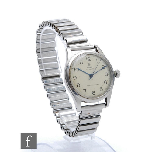 218 - A stainless steel Tudor Oyster manual wrist watch, Arabic numerals to a silvered dial, case diameter... 