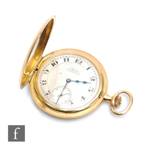 225 - An 18ct Alpina half hunter, crown wind pocket watch with Arabic numerals to a silvered dial, case di... 