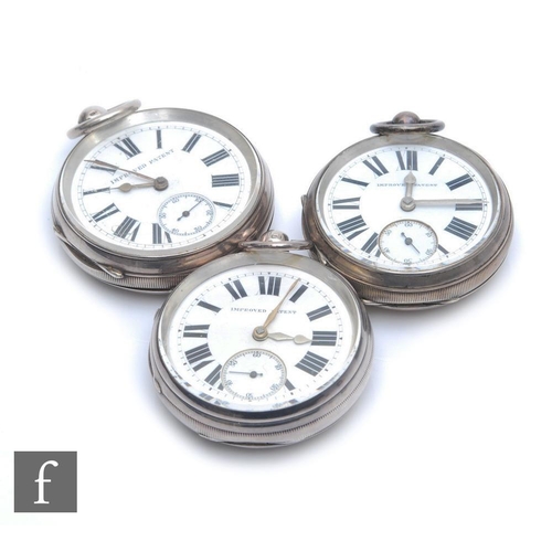 233 - Three hallmarked silver open faced, key wind pocket watches each with Roman numerals to a white enam... 