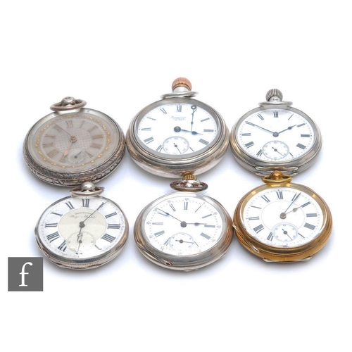 234 - Three hallmarked silver open faced key and crown wind pocket watches with two Continental silver exa... 