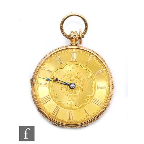 246 - A late 19th Century 18ct hallmarked open faced, fusee pocket watch, Roman numerals to a gilt dial, c... 