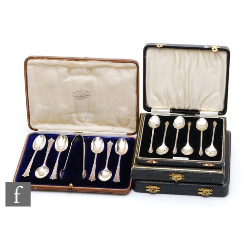 4 - Four cased sets of hallmarked silver teaspoons to include an Albany pattern set with tongs, total we... 