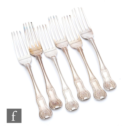 80 - A set of six hallmarked silver hour glass pattern dinner forks, total weight 19oz, London 1810, Will... 