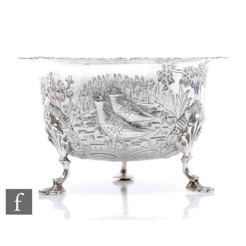 90 - A late Victorian sugar bowl decorated with embossed and engraved scene of two pheasants in a landsca... 