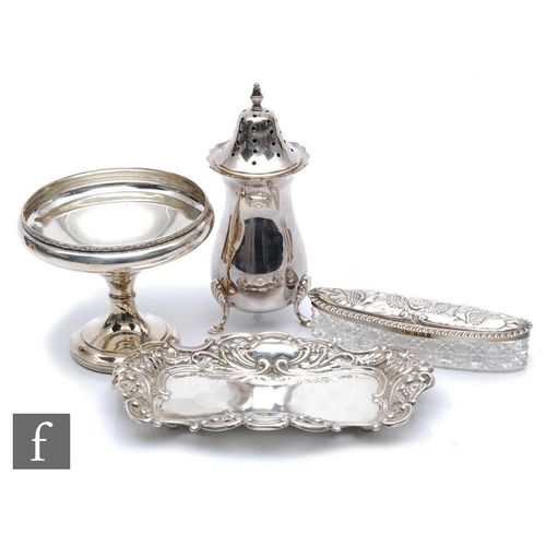 91 - Four items of hallmarked silver to include a sugar castor, a small pedestal dish, a silver topped gl... 