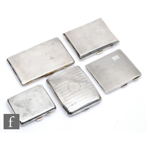 93 - Five early 20th Century hallmarked silver cigarette cases, four with engine turned decoration and on... 