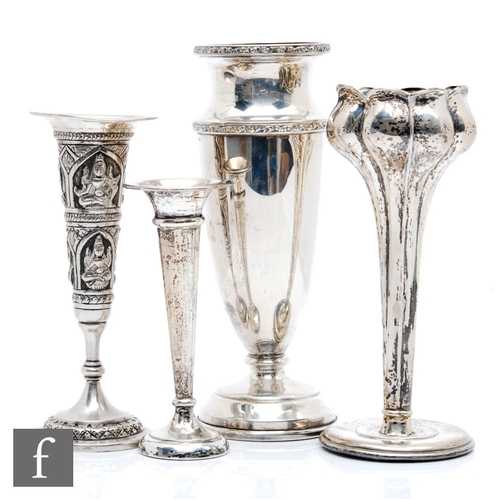 97 - Three hallmarked silver trumpet vases, one modelled as a tulip, with a white metal Asian example. S/... 