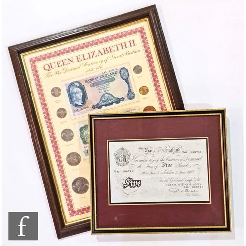 755 - A 1951 five pound banknote, serial number U82 088741, a group of three notes to include a five pound... 