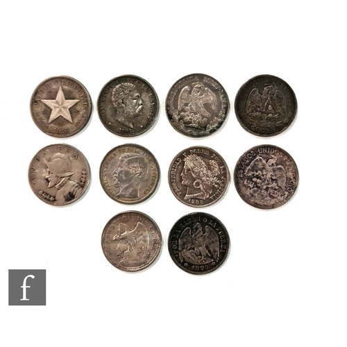 767 - Three Mexican Pesos dated 1872, 1894 and 1910, a Cuban coin dated 1916, also Kalakaua 1 King of Hawa... 