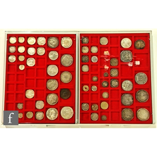 772 - Two trays of Spanish and Portugese coins to include a Carolus IV 1776, 1805 pillar dollars, replica ... 