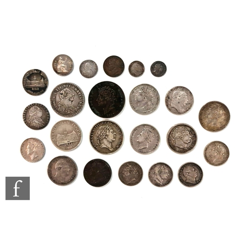 782 - Various George III to George IV coinage to include two bank tokens 1s and 6d 1811, various shillings... 