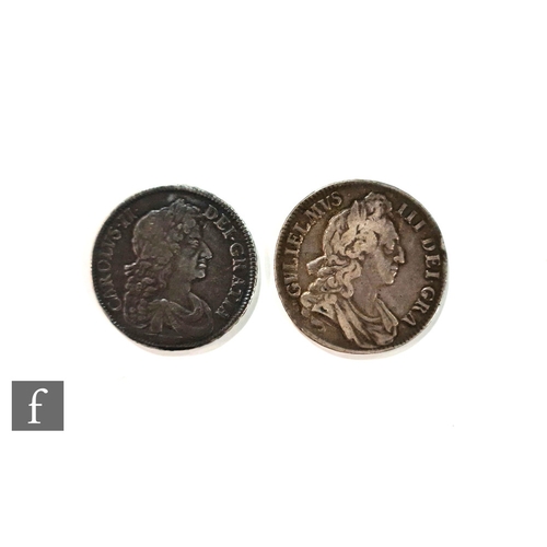 787 - Two Charles II to William III crowns dated 1676 and 1696. (2)