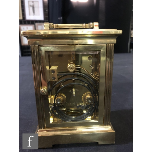 201 - A 20th Century French brass repeater carriage clock, push button, in contemporary style case, white ... 