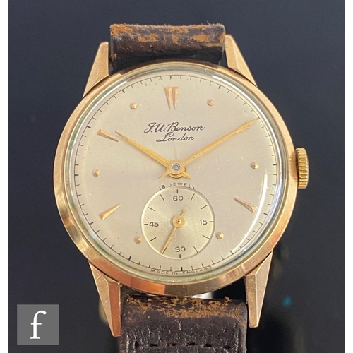 275 - A gentleman's 9ct hallmarked J.W. Benson manual wristwatch, gilt batons to a circular silvered dial,... 