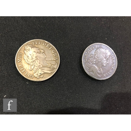 787 - Two Charles II to William III crowns dated 1676 and 1696. (2)