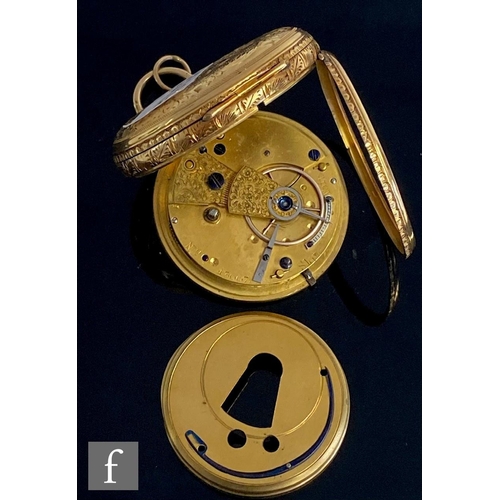 246 - A late 19th Century 18ct hallmarked open faced, fusee pocket watch, Roman numerals to a gilt dial, c... 