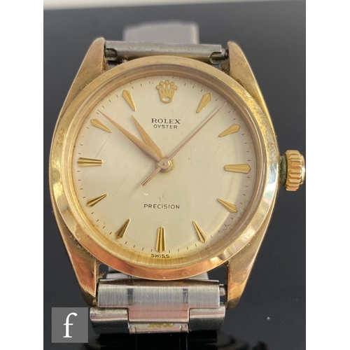 217 - A 9ct hallmarked Rolex Oyster Precision automatic wrist watch with gilt batons to a cream dial, case... 